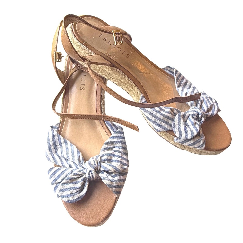 Talbots Blue White Striped Bow Espadrille Wedge Sandals Nautical 7.5
